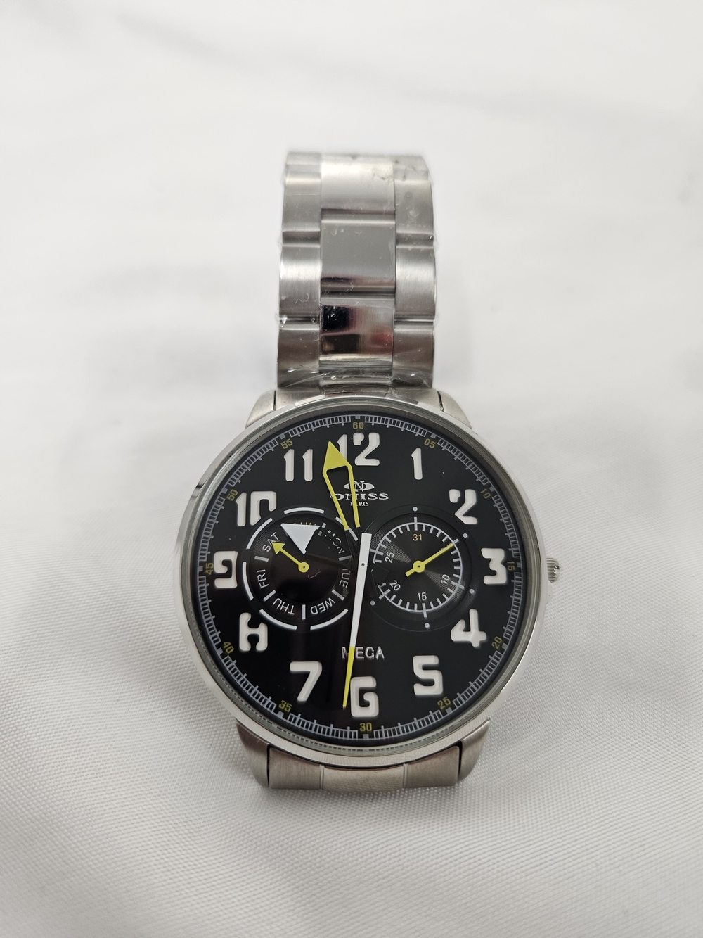 Men's Stainless Steel Watch with Black Dial and Yellow‎ Accents